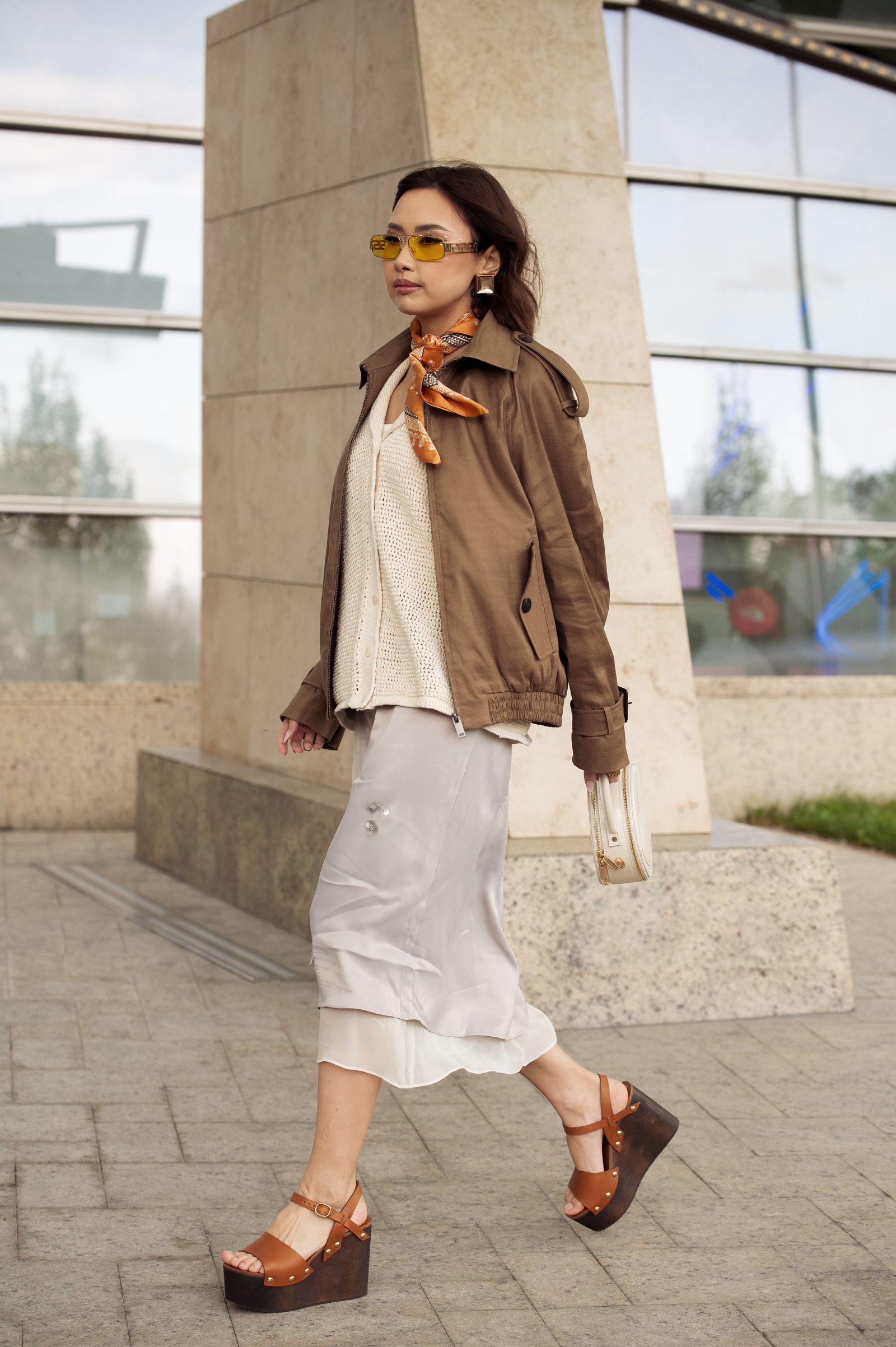 Orange Patterned Scarf with Knit Vest and Jacket Orange Patterned Scarf with Knit Vest and Jacket — Scarf Outfits