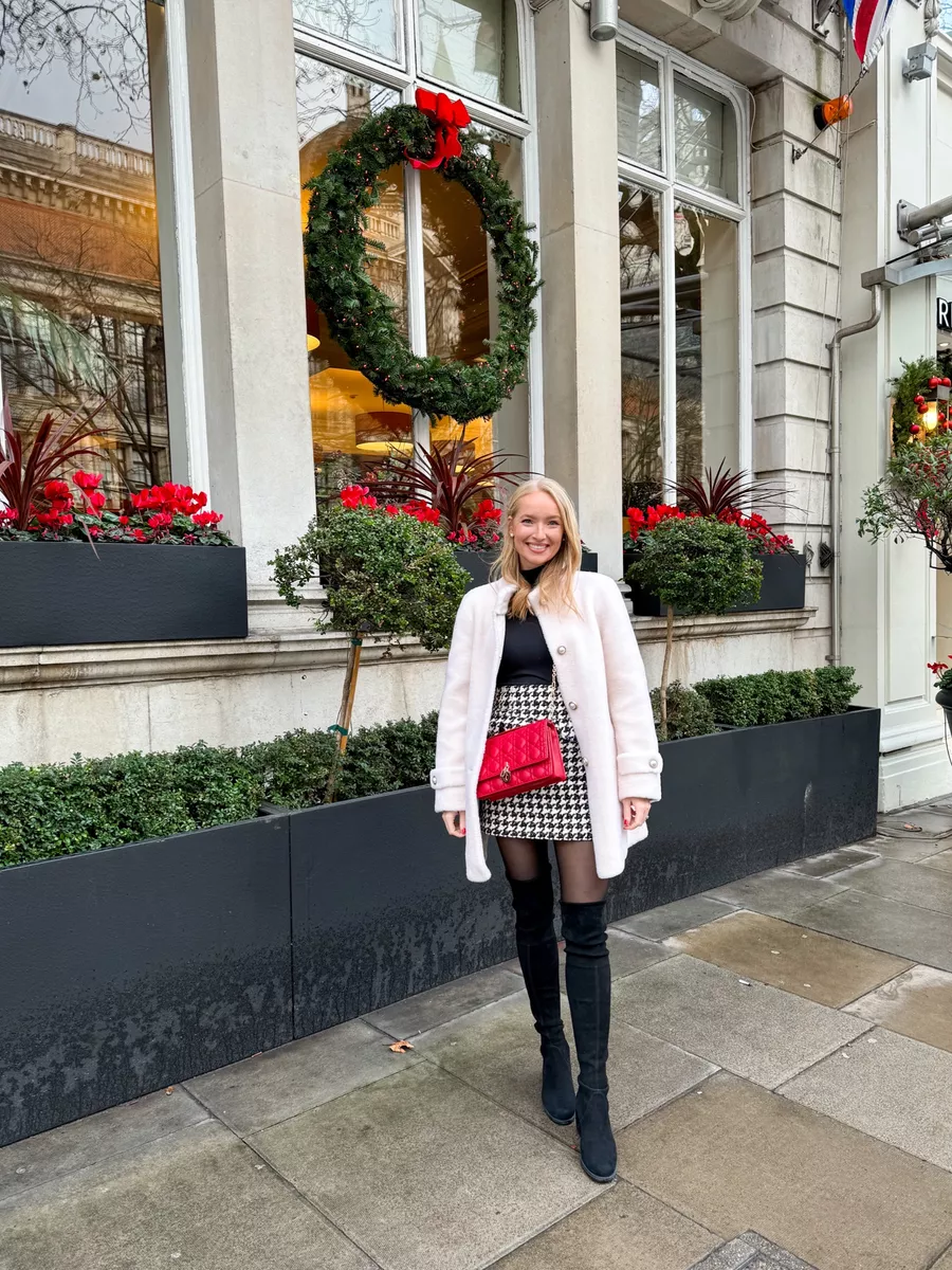 Festive Pink Coat Over Black Turtleneck and Houndstooth Skirt Festive Pink Coat Over Black Turtleneck and Houndstooth Skirt — December Outfits
