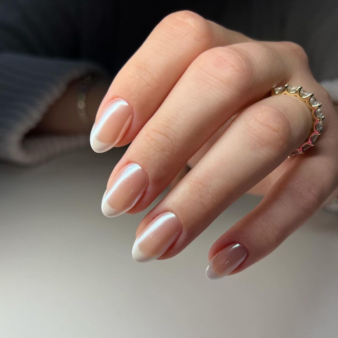 Pearlescent White French Almonds Pearlescent White French Almonds — Natural Winter Nails