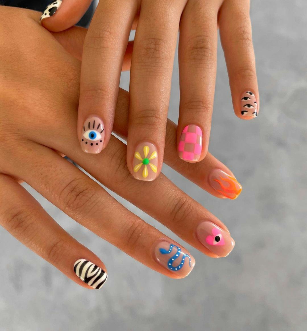 Quirky Art Mix Evil Eye Flames Zebra Quirky Art Mix Evil Eye Flames Zebra — Short Nail Designs