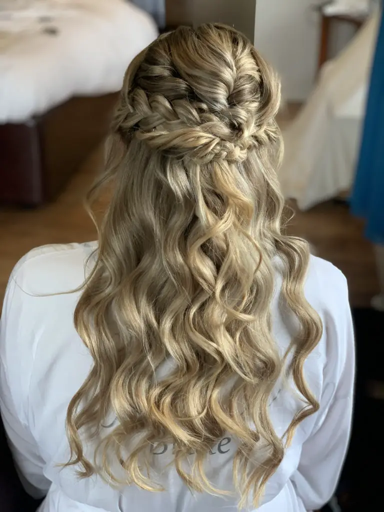 Mid-Back Honey Blonde Braided Crown Embellishments Mid-Back Honey Blonde Braided Crown Embellishments — Winter Half Up Half Down Hairstyles