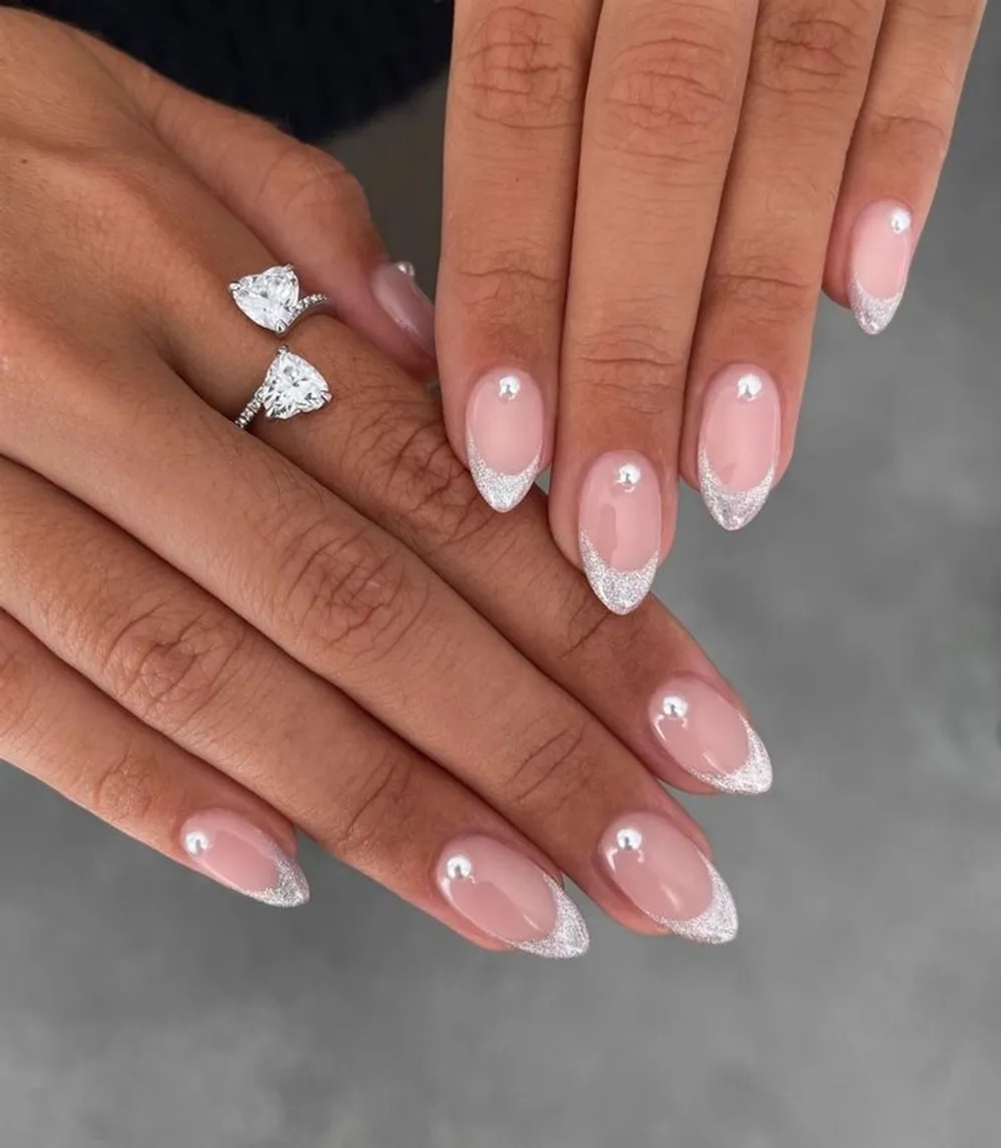 Glitter French Tip Pearl Oval Nails — Winter Wedding Nails