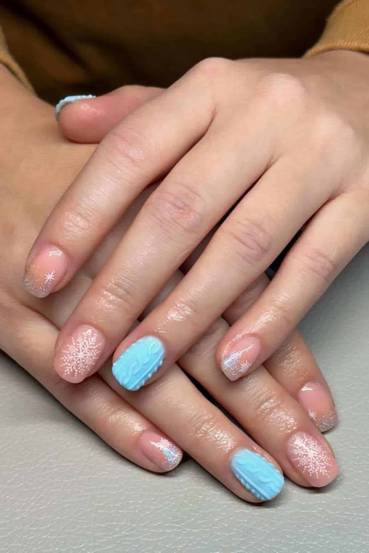 Pale Pink Sweater Knit Snowflake Nails Pale Pink Sweater Knit Snowflake Nails — Simple Winter Nails