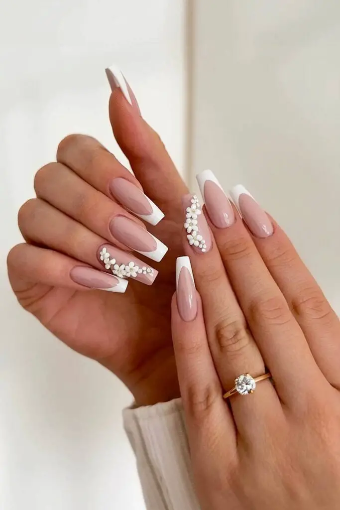3D Floral Applique French Coffin Nails — Winter Wedding Nails