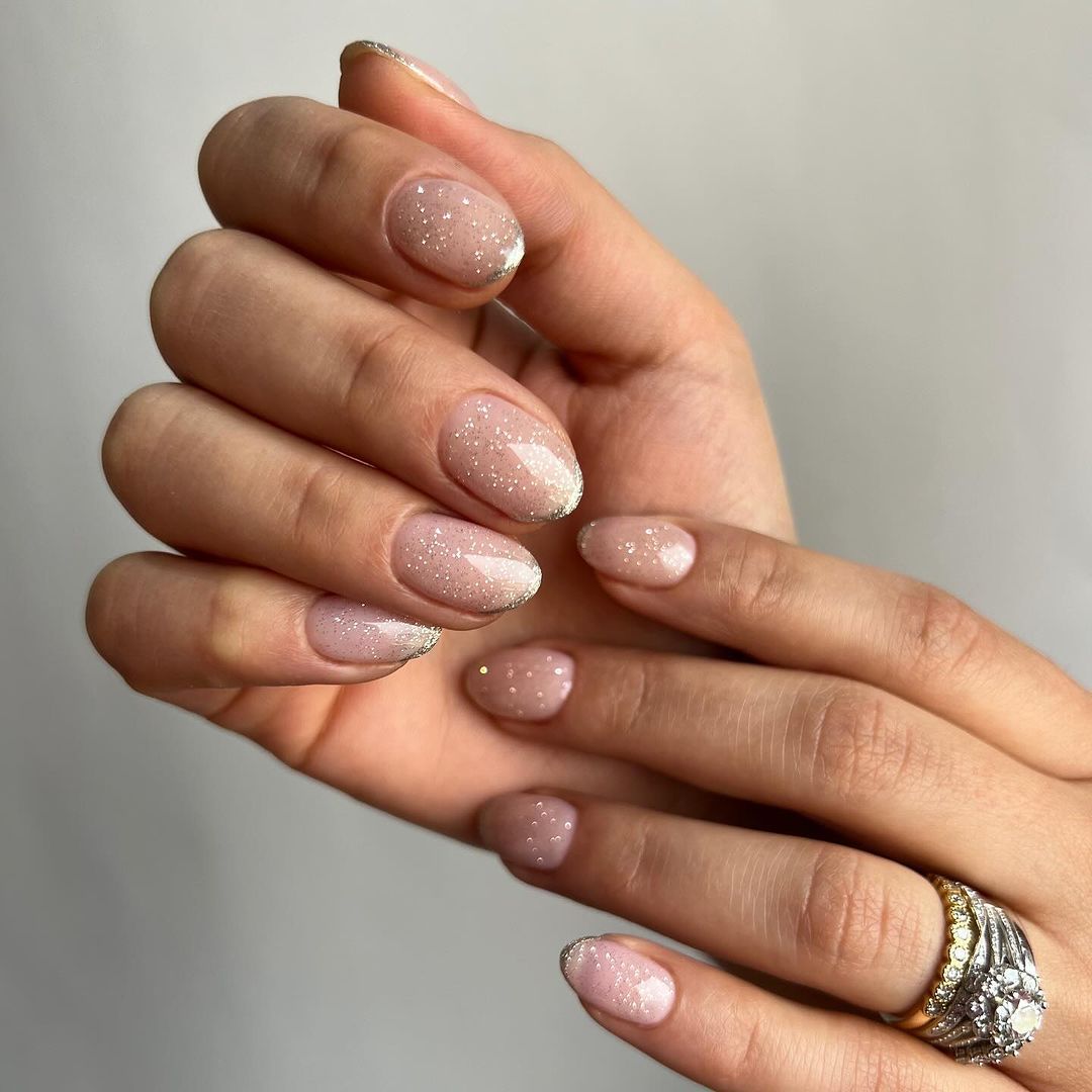 Pale Pink Gold Shimmer Cuticle Nails — Winter Dip Powder Nails