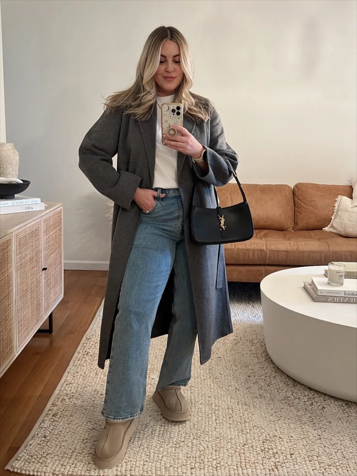 Monochromatic Ease: Beige Platform Uggs with Grey Coat Monochromatic Ease: Beige Platform Uggs with Grey Coat — Ugg Slippers Outfits