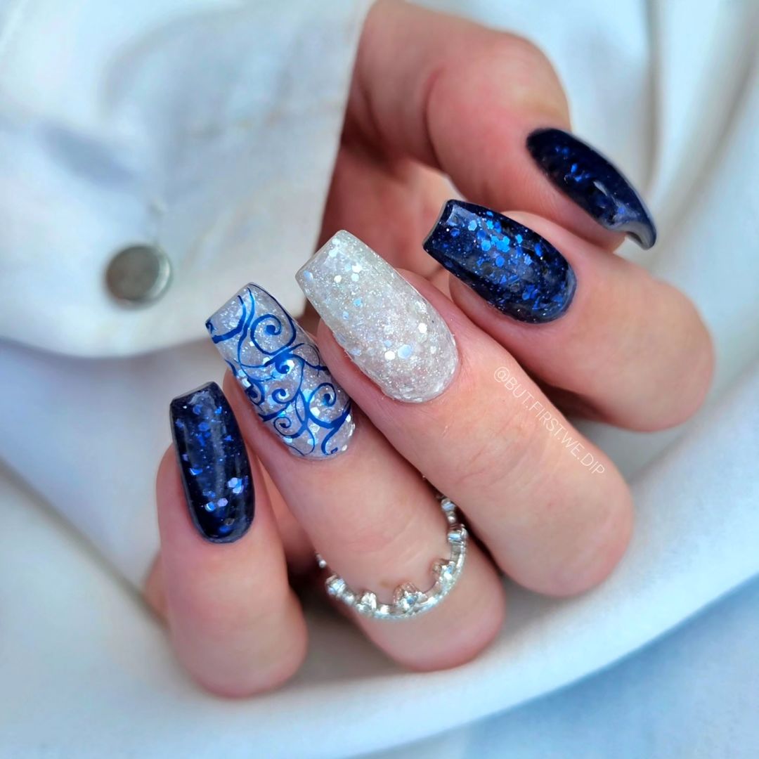 Navy Blue Glitter Swirl Coffin Nails Navy Blue Glitter Swirl Coffin Nails — Long Winter Nails