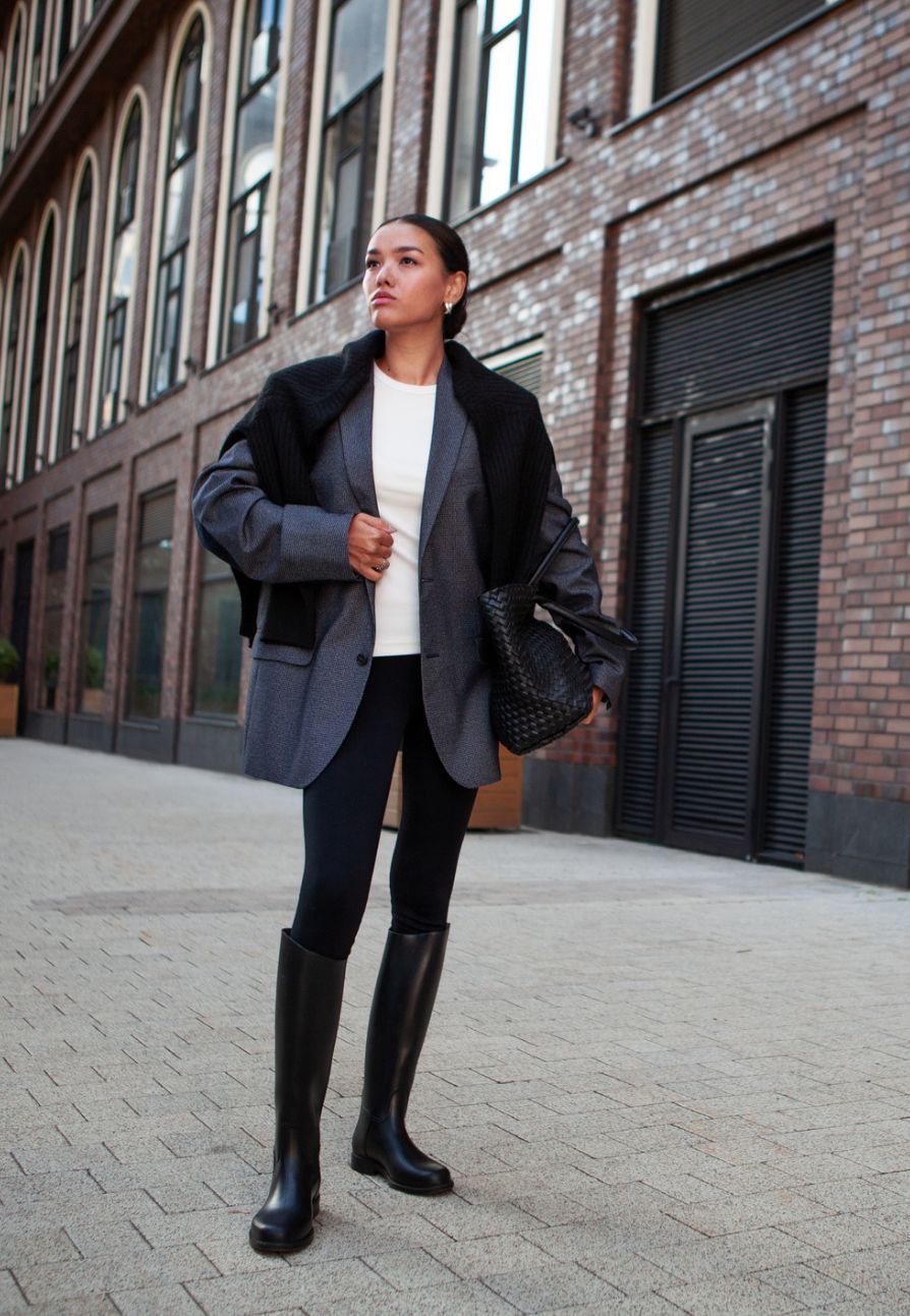 Oversized Blazer and Draped Sweater with Black Knee-High Boots — Knee High Boots Outfits