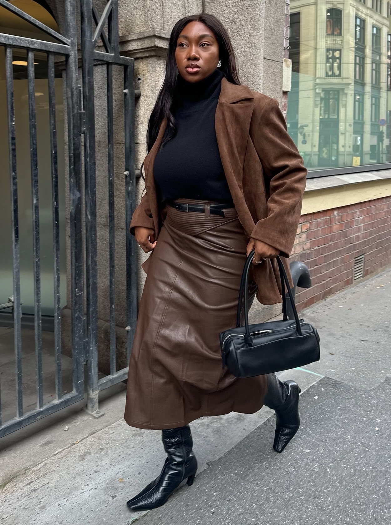 Textured Layers: Brown Leather Midi with Suede Blazer Textured Layers: Brown Leather Midi with Suede Blazer — Leather Skirt Outfits