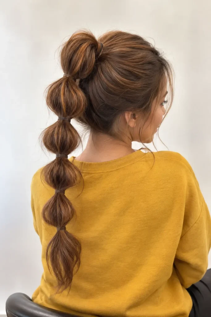 Bubble Ponytail With Caramel Highlights Bubble Ponytail With Caramel Highlights — Winter Ponytail Hairstyles