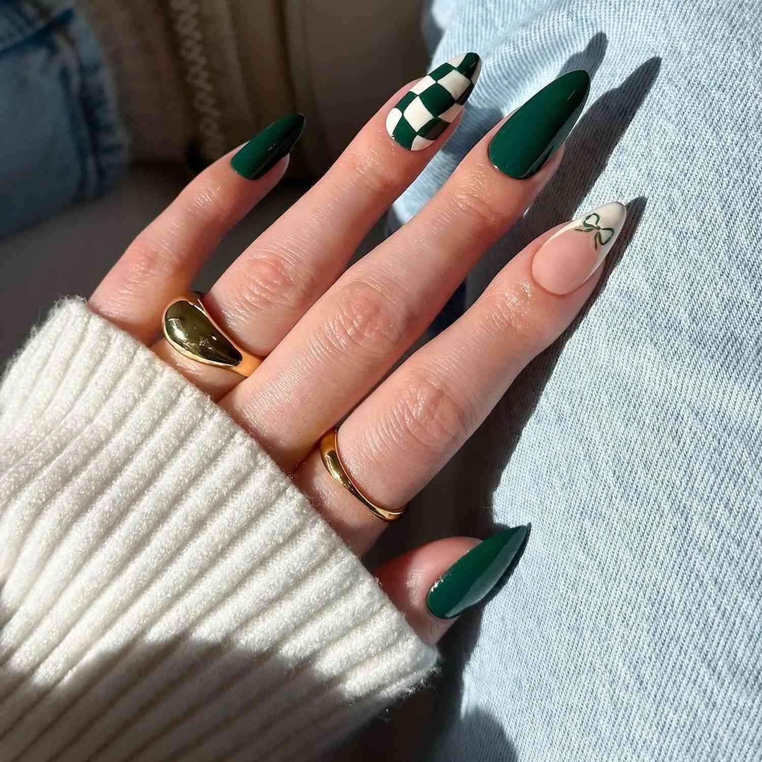 Dark Green Checkerboard Bow Stiletto Dark Green Checkerboard Bow Stiletto — Winter Green Nails