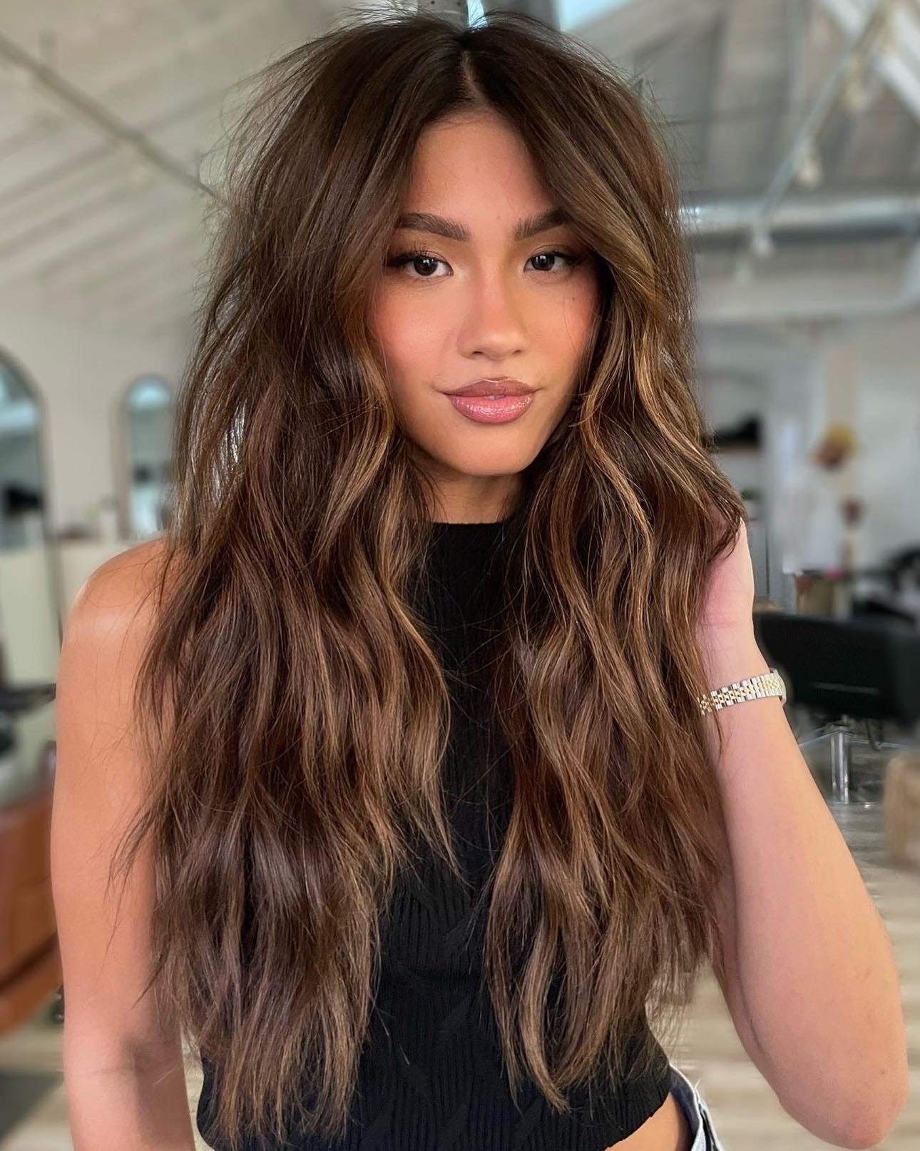 Mid-Back Dark Brown With Dimensional Balayage Mid-Back Dark Brown With Dimensional Balayage — Reverse Balayage