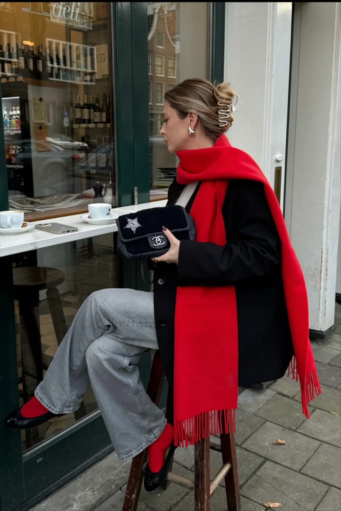 Bold Red Fringed Scarf Over a Blazer Bold Red Fringed Scarf Over a Blazer — Scarf Outfits