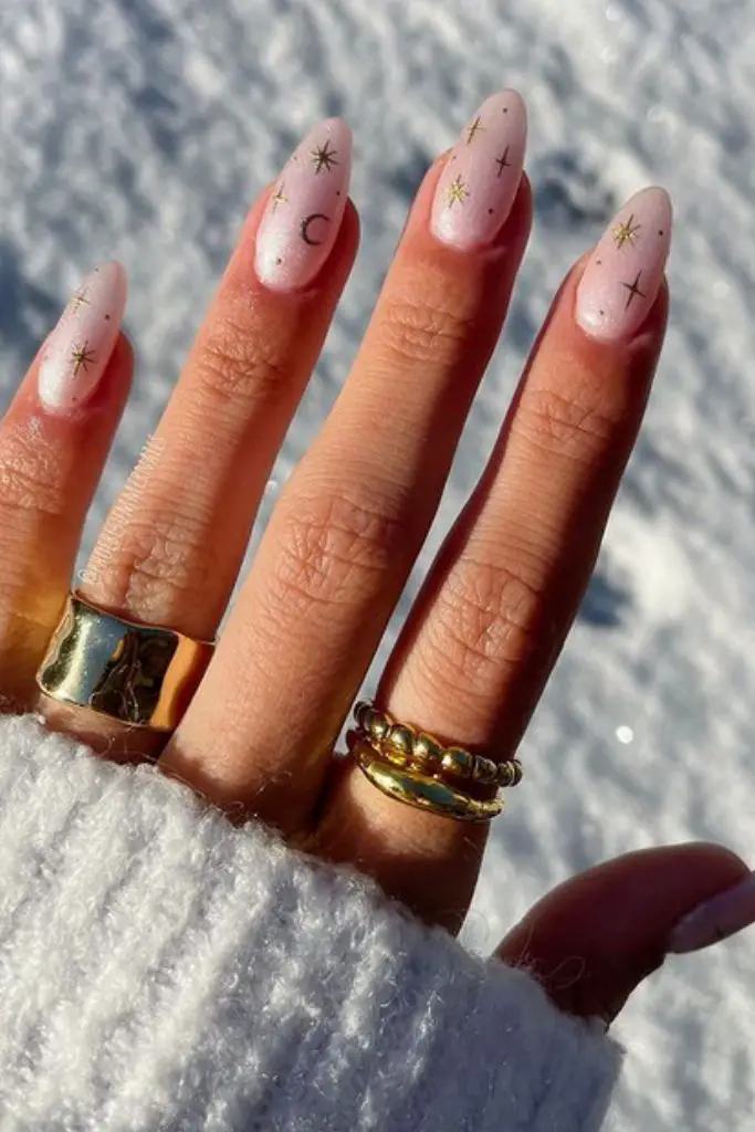 Sheer Pink with Gold Celestial Accents Sheer Pink with Gold Celestial Accents — Winter Nail Colors for Women Over 40