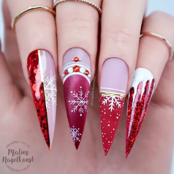 Festive Glitter Drip Snowflake Stilettos Festive Glitter Drip Snowflake Stilettos — Winter Stiletto Nails