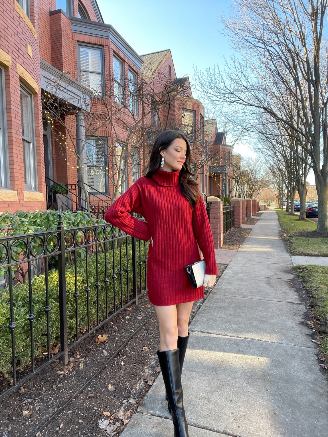 Vibrant Red Sweater Dress with Knee-High Boots Vibrant Red Sweater Dress with Knee-High Boots — Sweater Dress Outfits