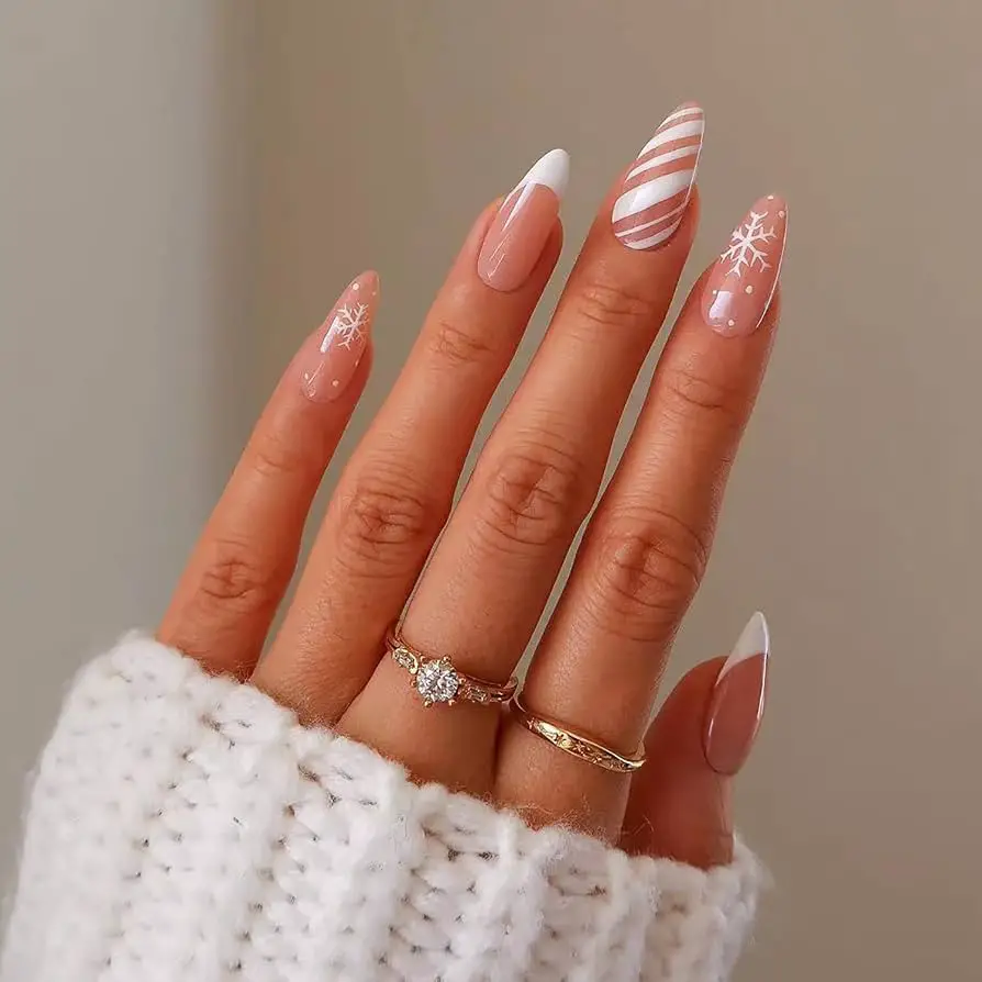 Nude Snowflakes French and Stripes Nude Snowflakes French and Stripes — Medium Length Winter Nails