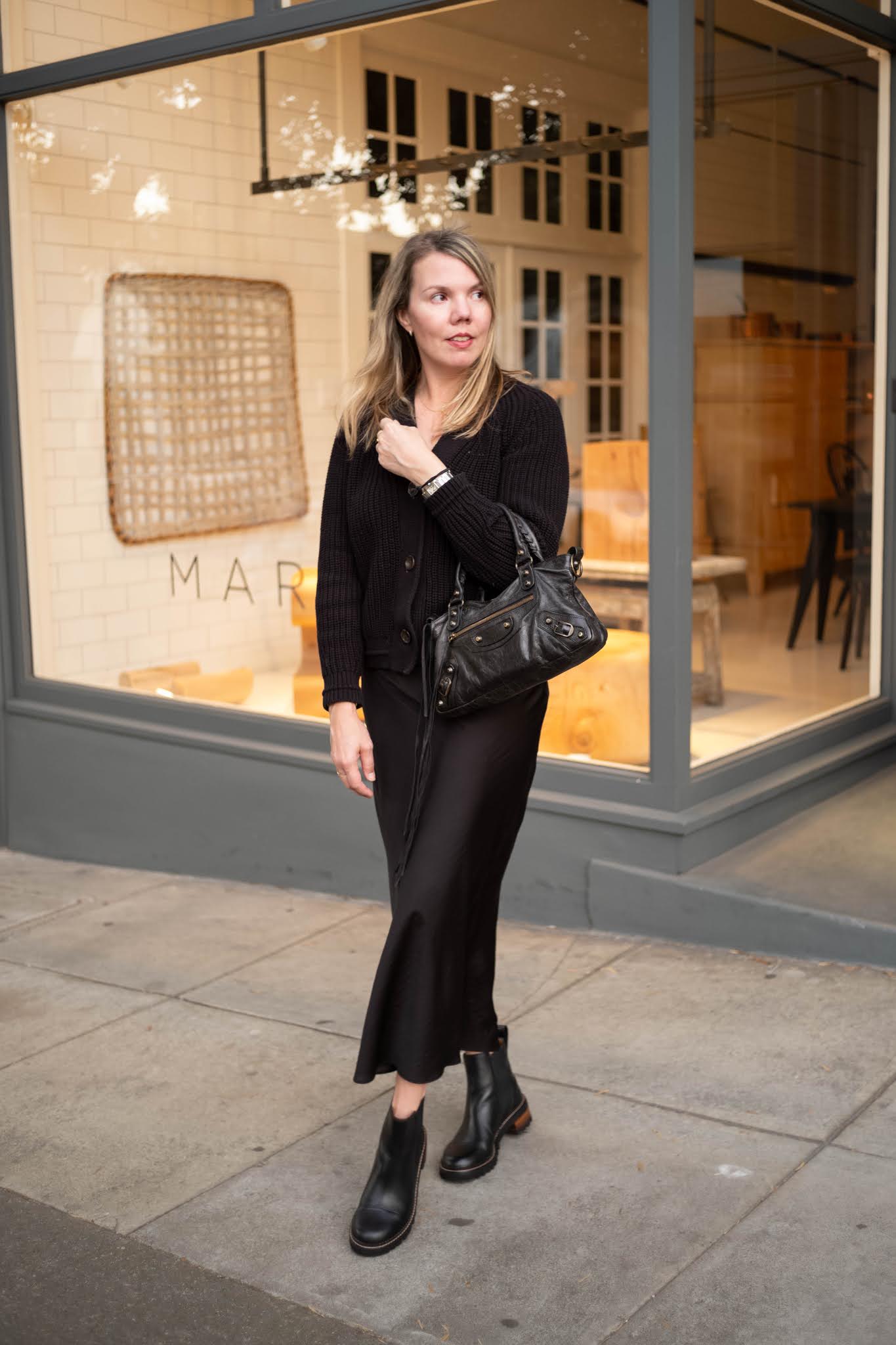 Monochromatic Black Satin Skirt and Cardigan with Leather Ankle Boots Monochromatic Black Satin Skirt and Cardigan with Leather Ankle Boots — Combat Boots Outfits