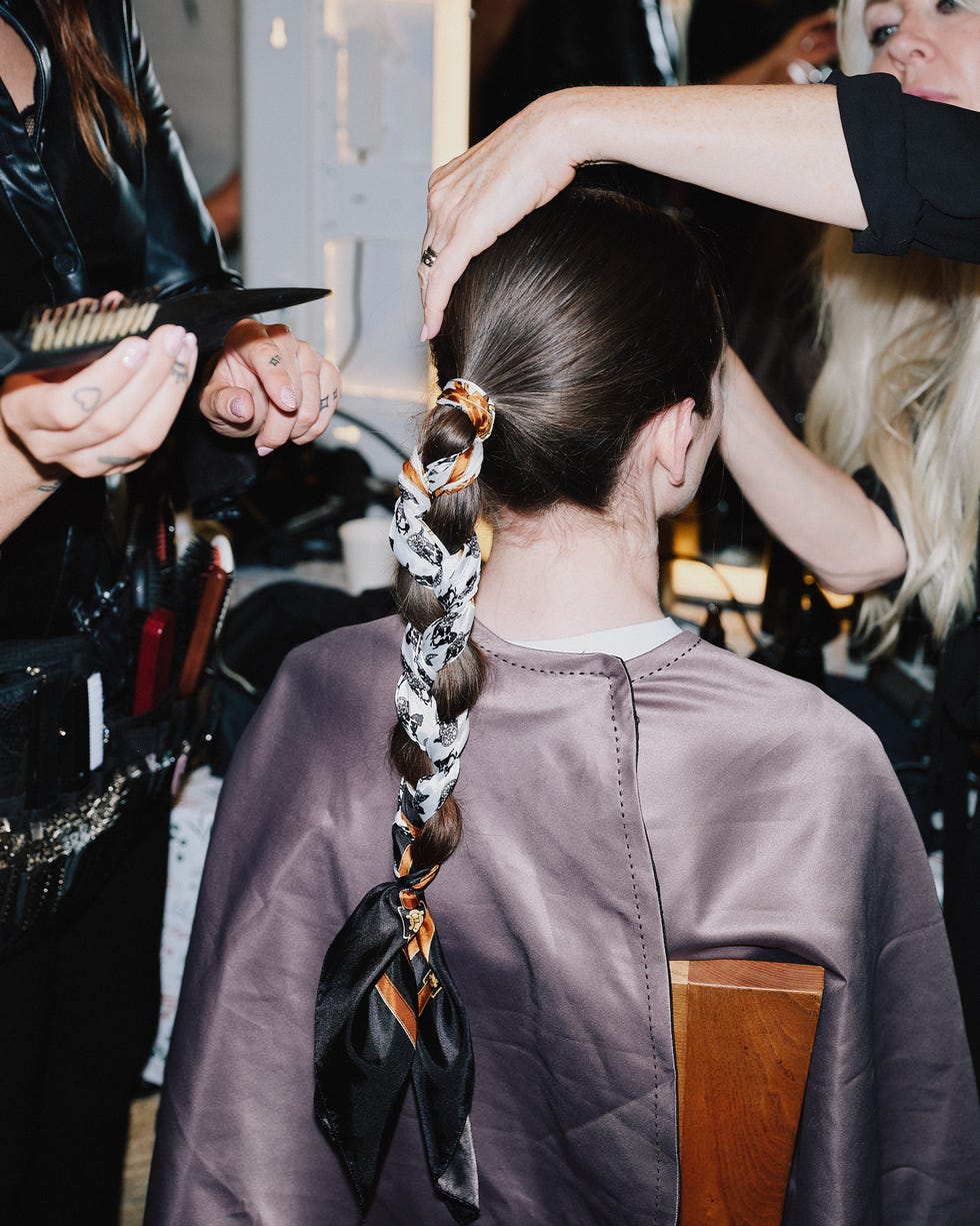 Thick Dark Brown Braid with Silk Scarf Thick Dark Brown Braid with Silk Scarf — Winter Hairstyles with Scarf
