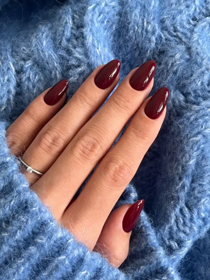 Solid Color Dark Opaque Cherry Red Almond Nails — Cherry Red Nails