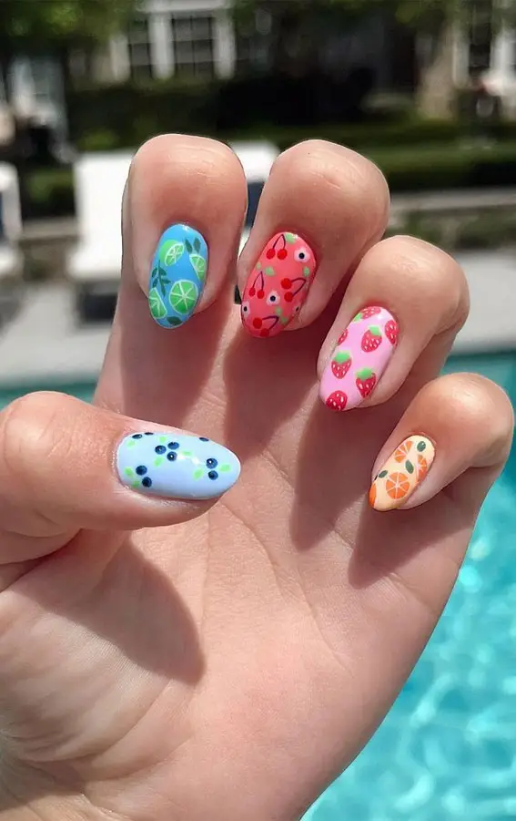 Vibrant Fruit Art Medium Oval Nails Vibrant Fruit Art Medium Oval Nails — Nail Art Ideas