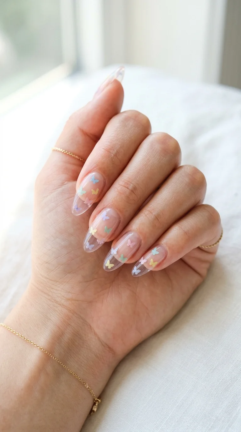Clear Glossy with Pastel Butterfly Decals Clear Glossy with Pastel Butterfly Decals — Classy Simple Nail Designs