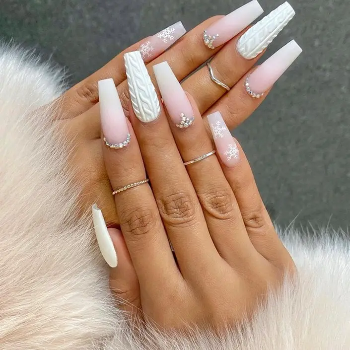 Matte With Textured Art Matte Cable Knit Snowflake Coffins Matte With Textured Art Matte Cable Knit Snowflake Coffins — Long Winter Nails