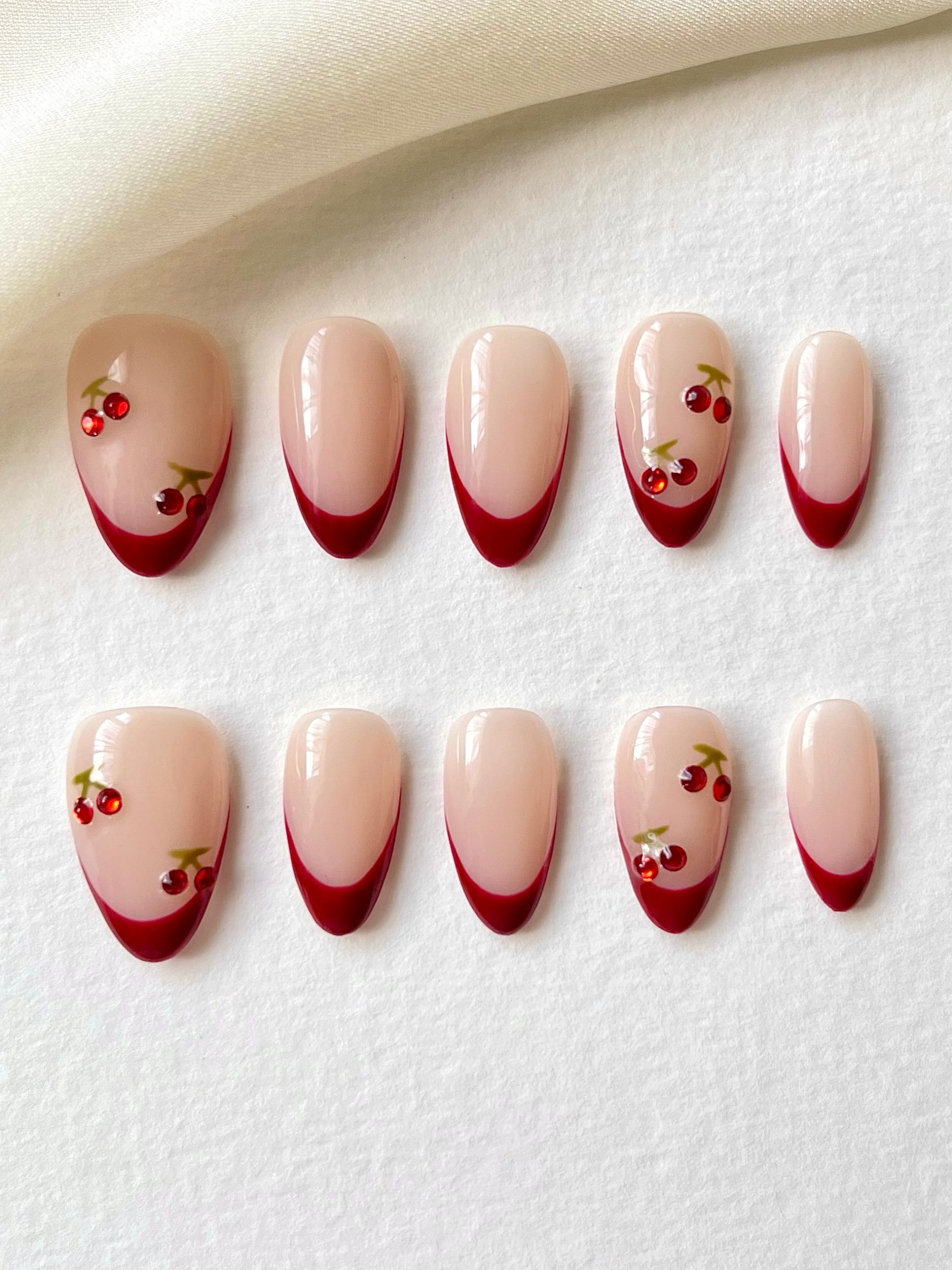 Nude Base with Cherry French Tips — Cherry Red Nails