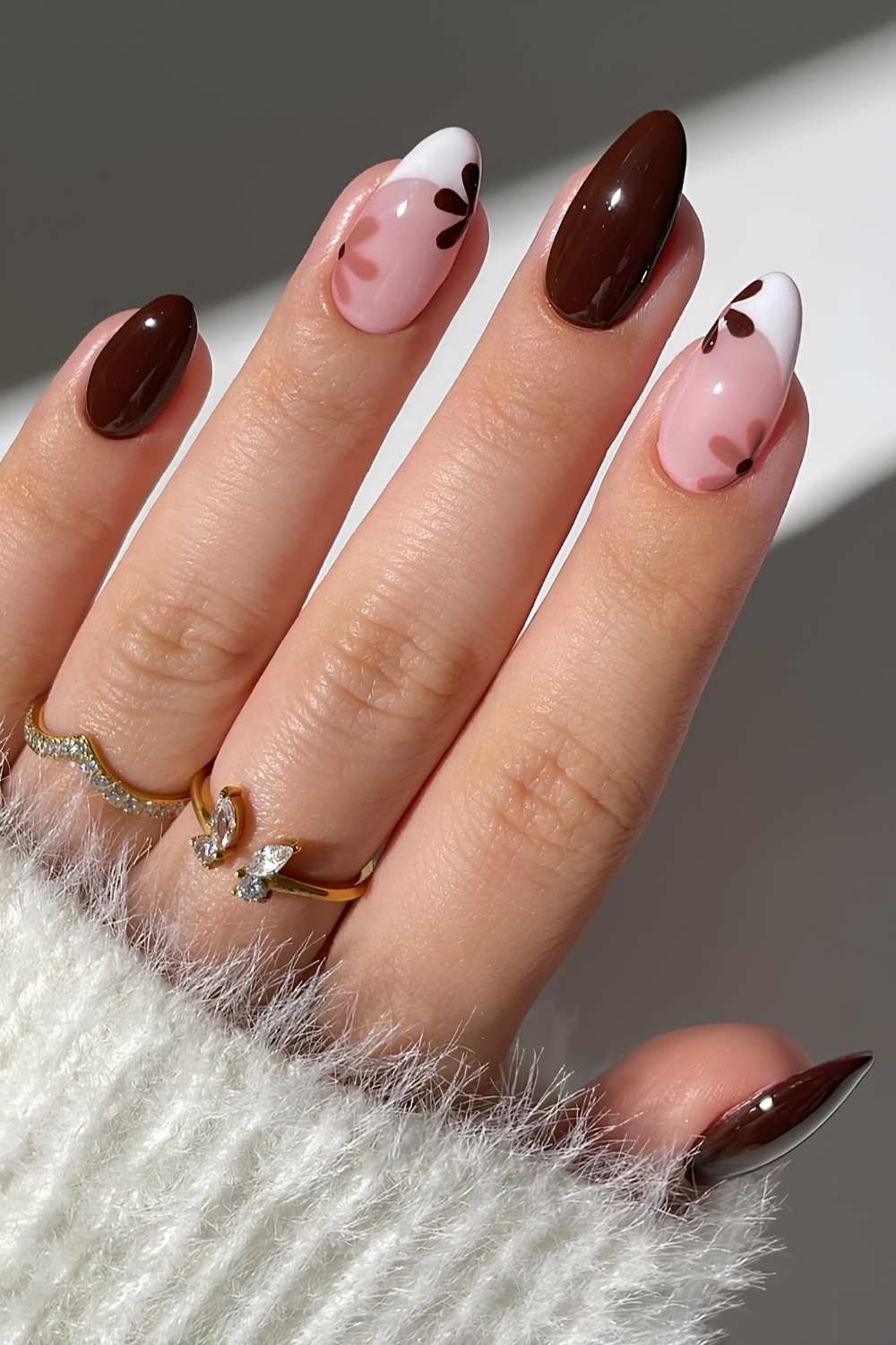 Brown Floral White Tip Almonds Brown Floral White Tip Almonds — Almond Nail Inspo