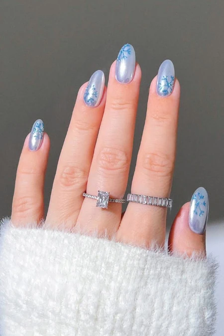 Pale Iridescent Blue with Snowflake Art Pale Iridescent Blue with Snowflake Art — Icy Blue Nails