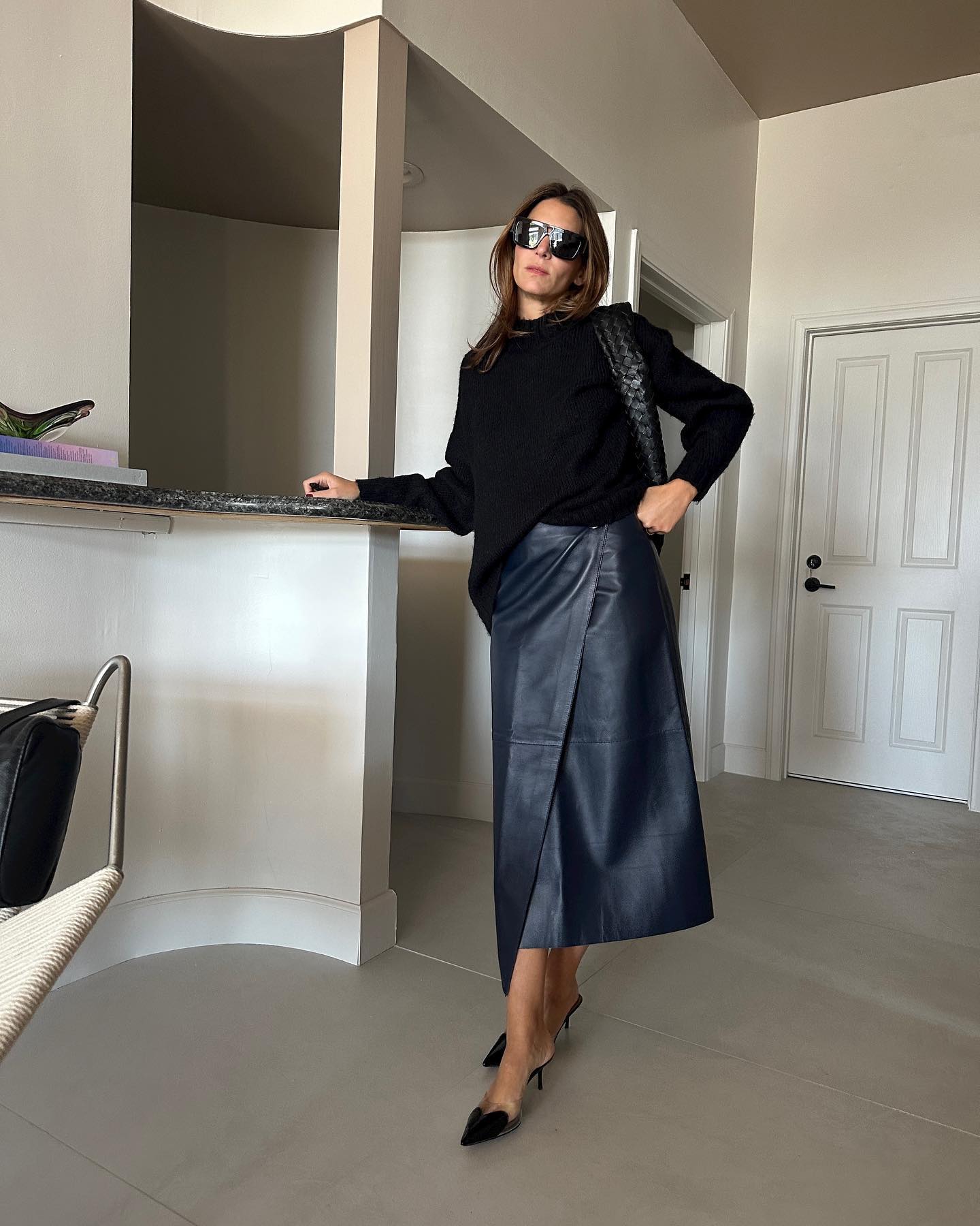 Modern Wrap: Navy Faux Leather Skirt with Black Knit Modern Wrap: Navy Faux Leather Skirt with Black Knit — Leather Skirt Outfits