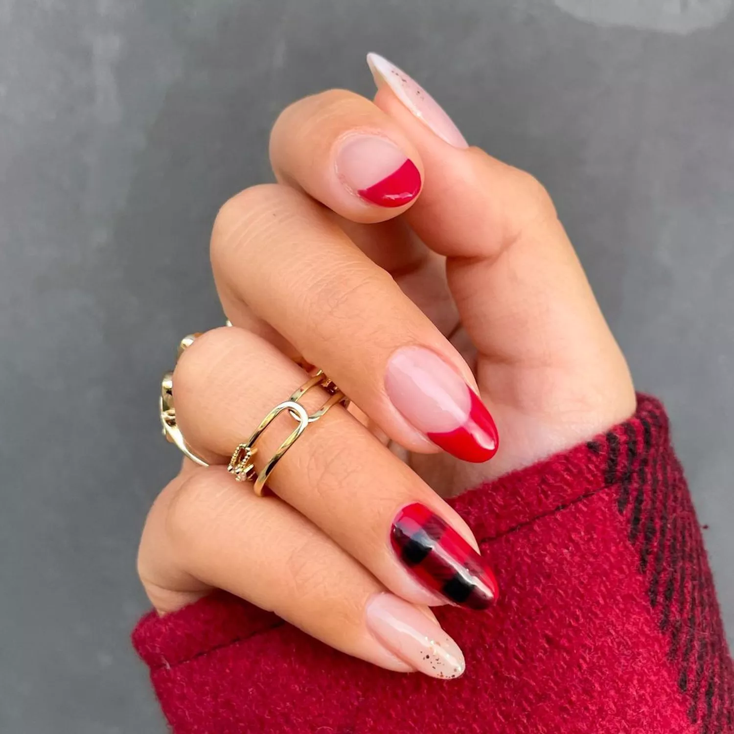 Red French Tips with Plaid Accent Red French Tips with Plaid Accent — Winter Red Nails