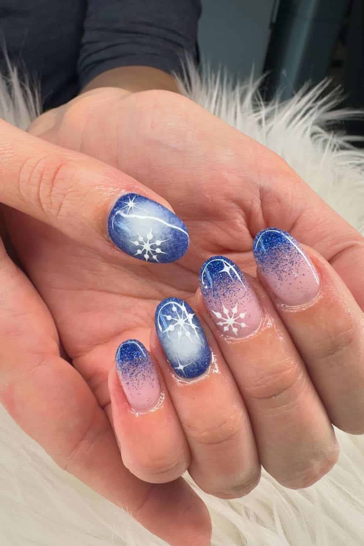 Blue Pink Ombre Glitter Snowflake Nails — Winter Gel Nails