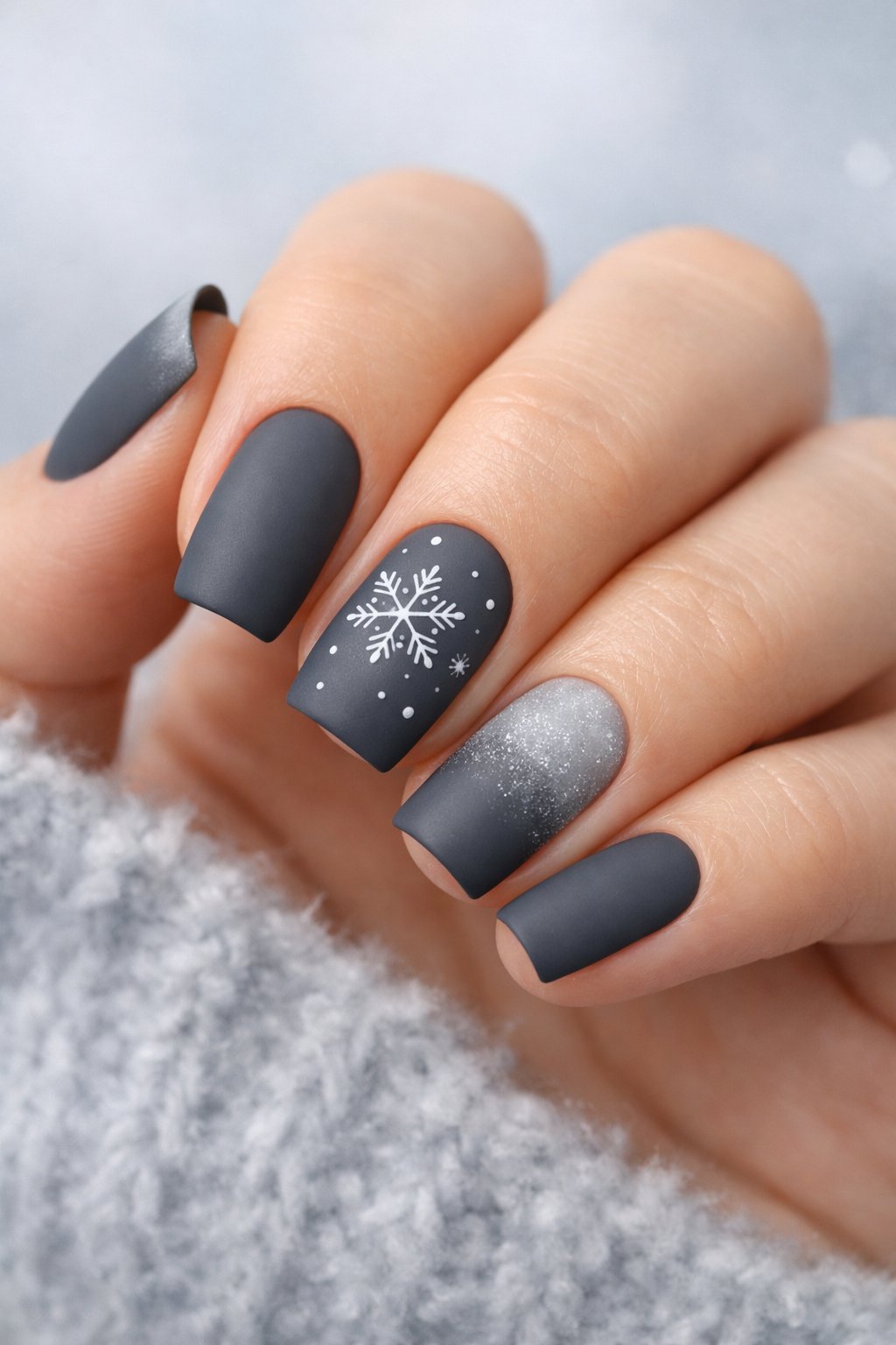 Snowflake Glitter Gradient Dark Grey Nails Snowflake Glitter Gradient Dark Grey Nails — Winter Gray Nails