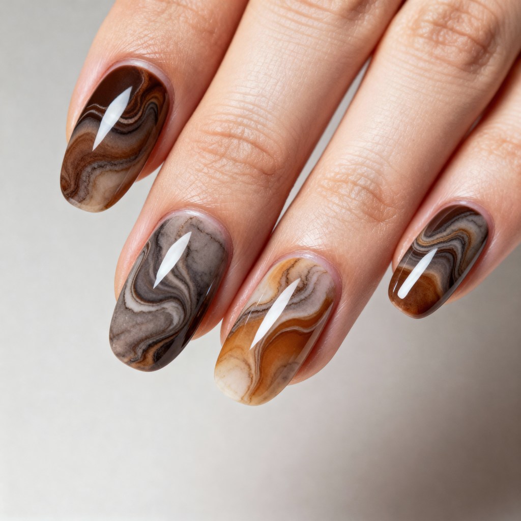 Brown Beige Grey White Marbled Almond Nails — Winter Gel Nails