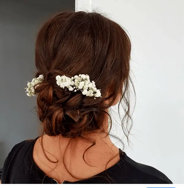 Mid-Back Dark Brown Messy Updo With Flowers Mid-Back Dark Brown Messy Updo With Flowers — Winter Wedding Hairstyles