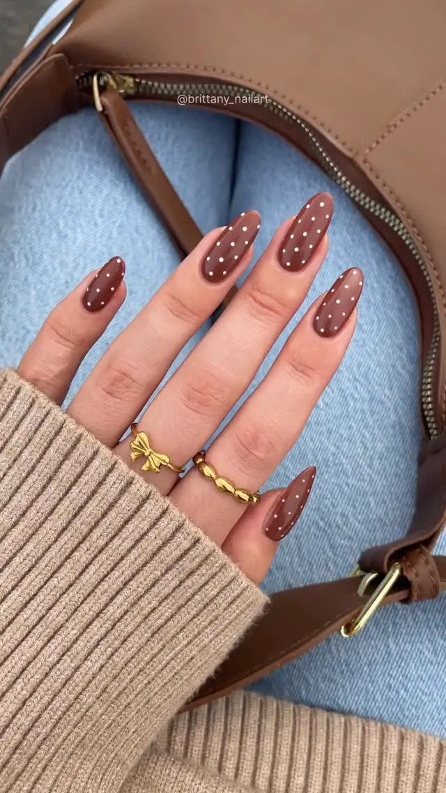 Rich Brown with Classic White Polka Dots — Brown Nail Designs