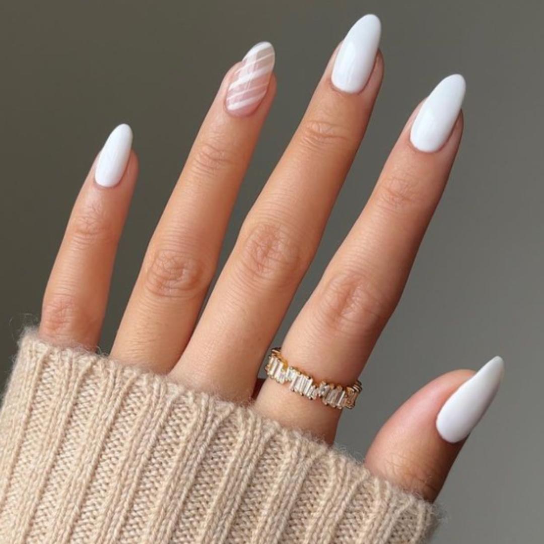 Opaque White Nails with Diagonal Stripes Opaque White Nails with Diagonal Stripes — Winter Nail Colors for Women Over 40