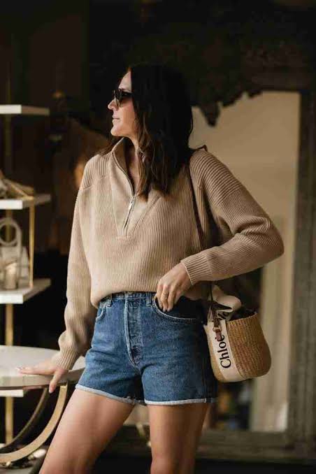 Ribbed Half-Zip Sweater with Denim Shorts Ribbed Half-Zip Sweater with Denim Shorts — Sweater Outfits