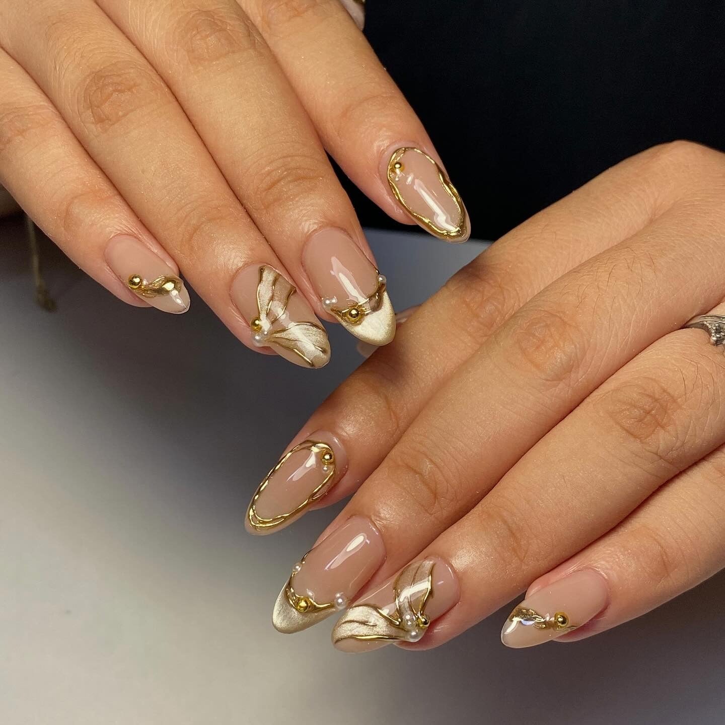 Evening Wear Special Occasion Sheer Nude with Gold Abstract Lines and Pearls Classy Simple Nail Designs