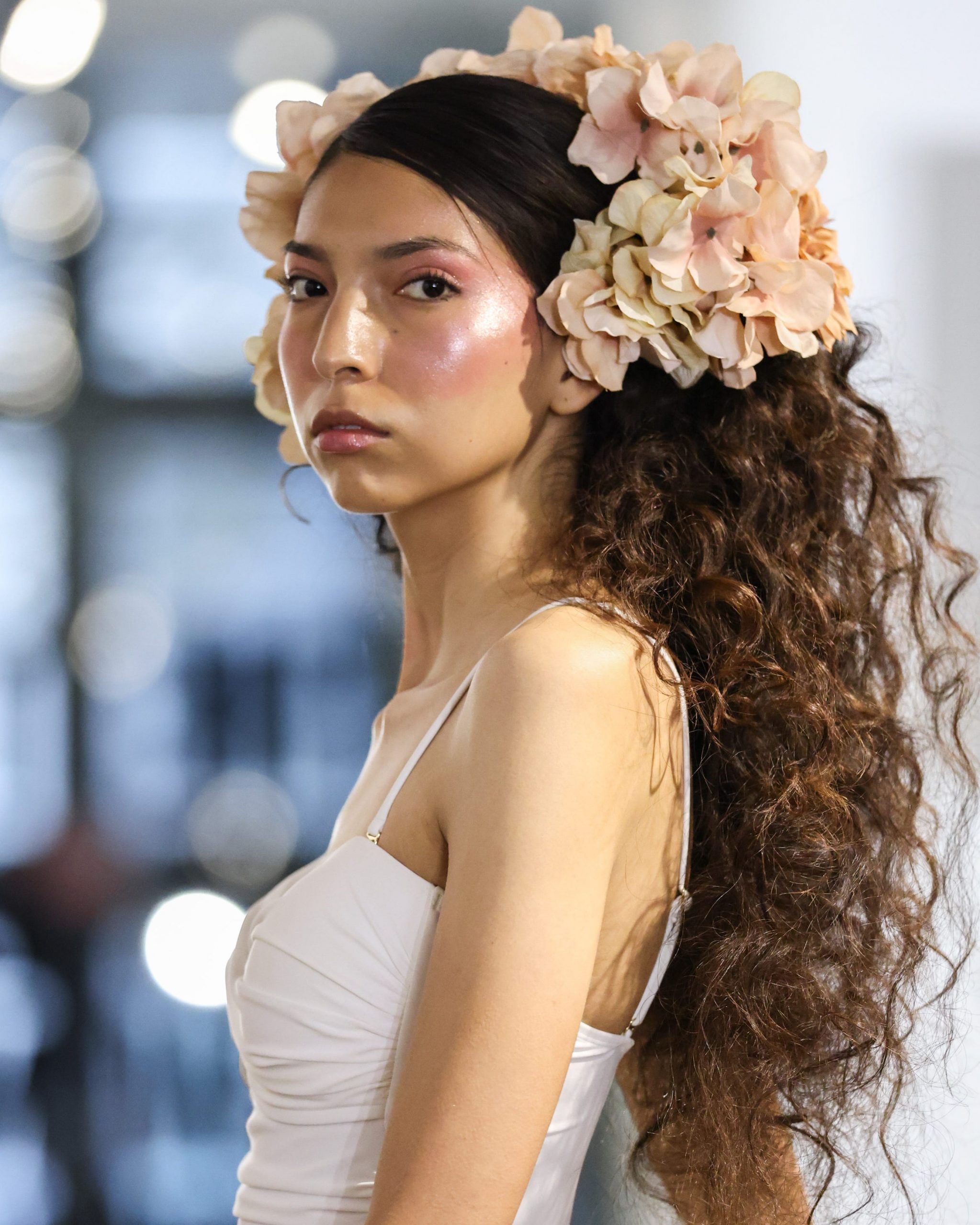 Long Curly Dark Hair with Floral Headpiece and Camisole Long Curly Dark Hair with Floral Headpiece and Camisole — Trendy Haircuts for Women