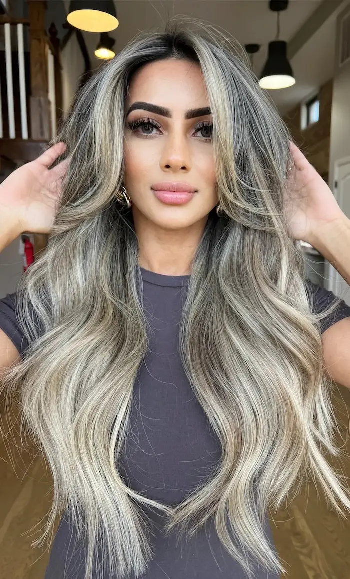 Ash Blonde With Dark Root and Icy Highlights — A Front View Of Thick — Winter Highlights