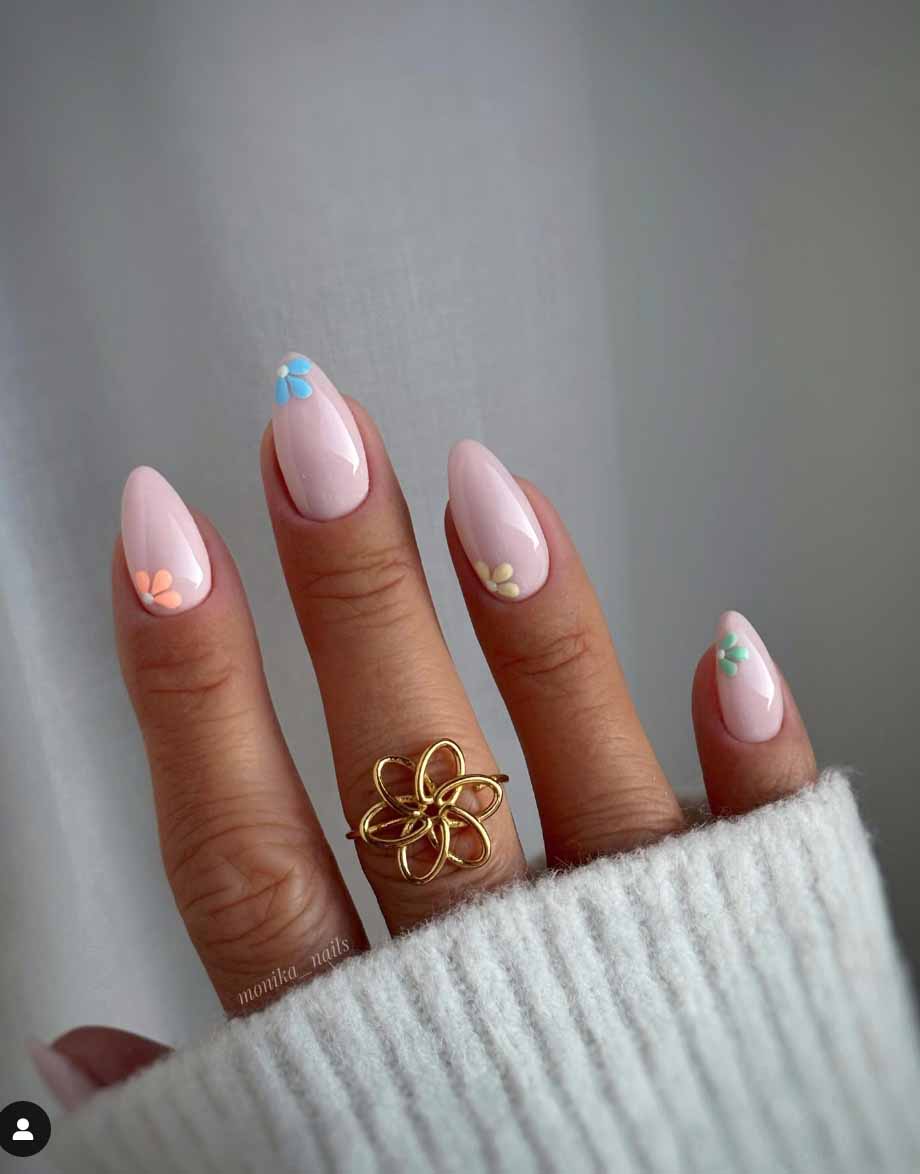 Light Pink with Colorful Flower Decals Light Pink with Colorful Flower Decals — Classy Simple Nail Designs