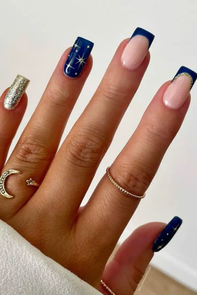 Navy Blue Sheer Pink Silver Glitter Visual Idea — Navy Blue Nails