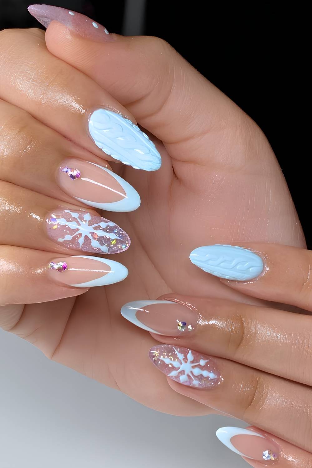 3D Cable Knit and Snowflake Almond Nails 3D Cable Knit and Snowflake Almond Nails — Icy Blue Nails