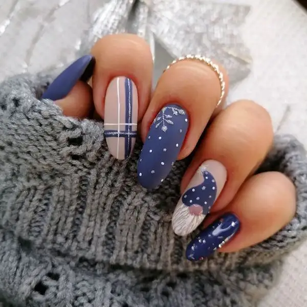 Matte Navy and Nude Nails with Gnome Motif Matte Navy and Nude Nails with Gnome Motif — Winter Nail Colors for Women Over 40