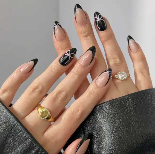 Pink Bow Decals On Accent Nails Visual Idea Pink Bow Decals On Accent Nails Visual Idea — Winter French Tip Nails