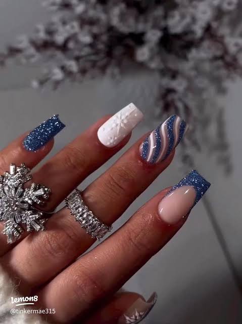 Textured Snowflake Navy Glitter Coffins Textured Snowflake Navy Glitter Coffins — Long Winter Nails