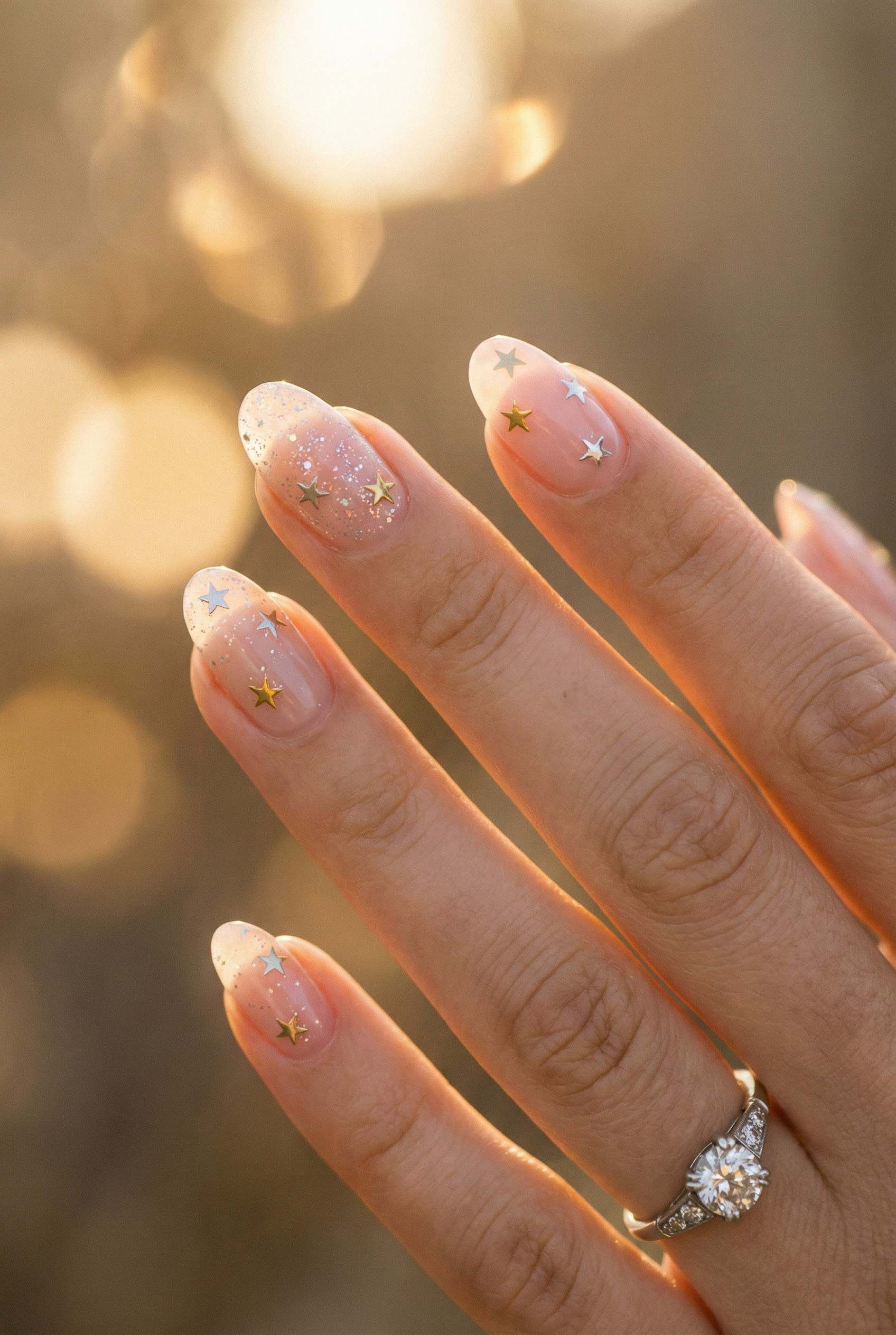 Star Decal Glitter Oval Nails — Winter Wedding Nails