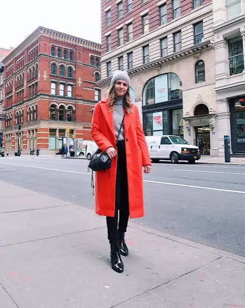 Vibrant Orange Long Coat Elevates Casual Grey and Black Vibrant Orange Long Coat Elevates Casual Grey and Black — December Outfits